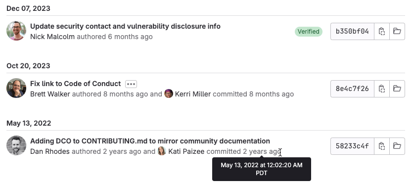 A list of 3 commits for a single file, with the newest commit marked as 'Verified'.